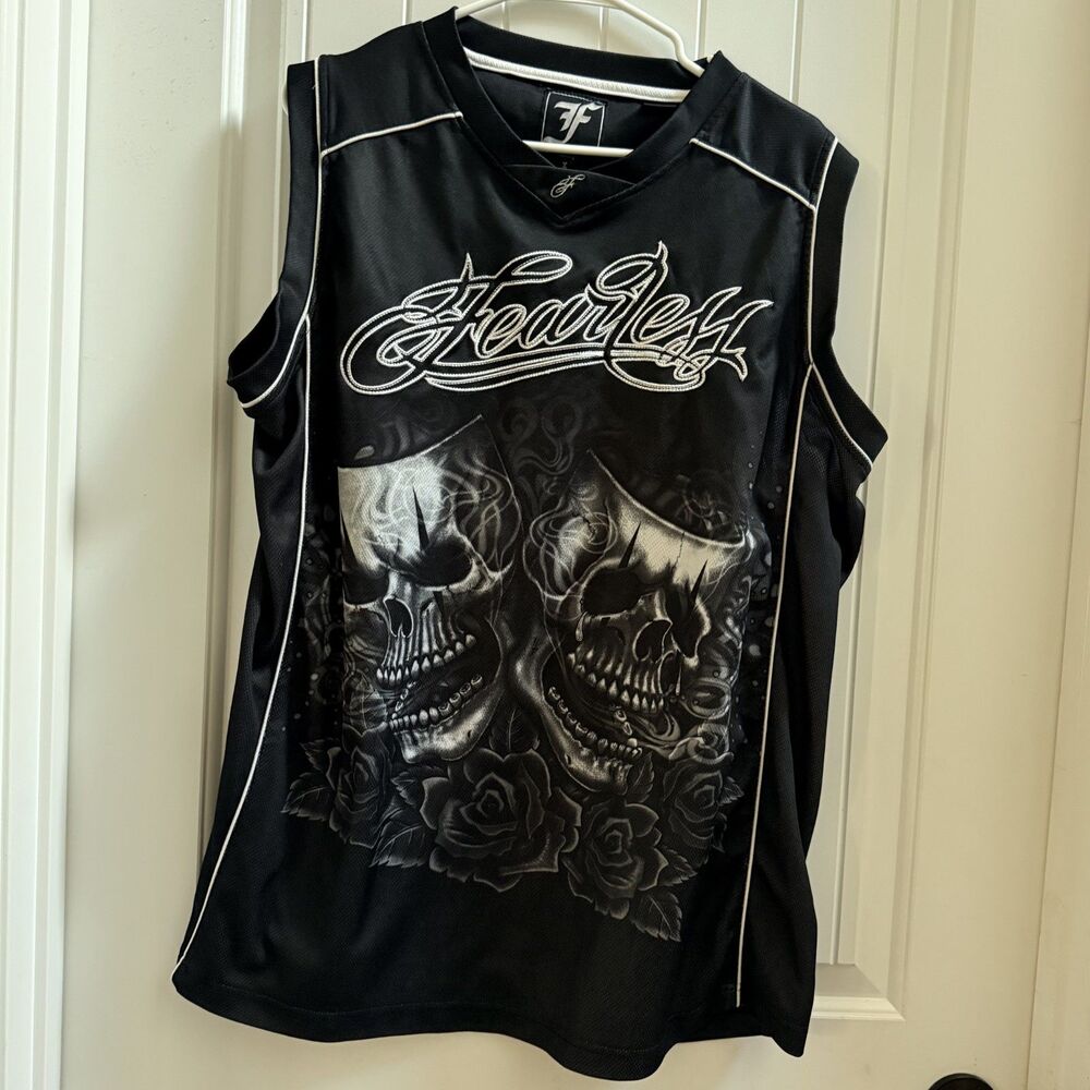 Fearless Skull Roses Sleeveless Jersey Tattoo Biker Gothic Streetwear Black M XL